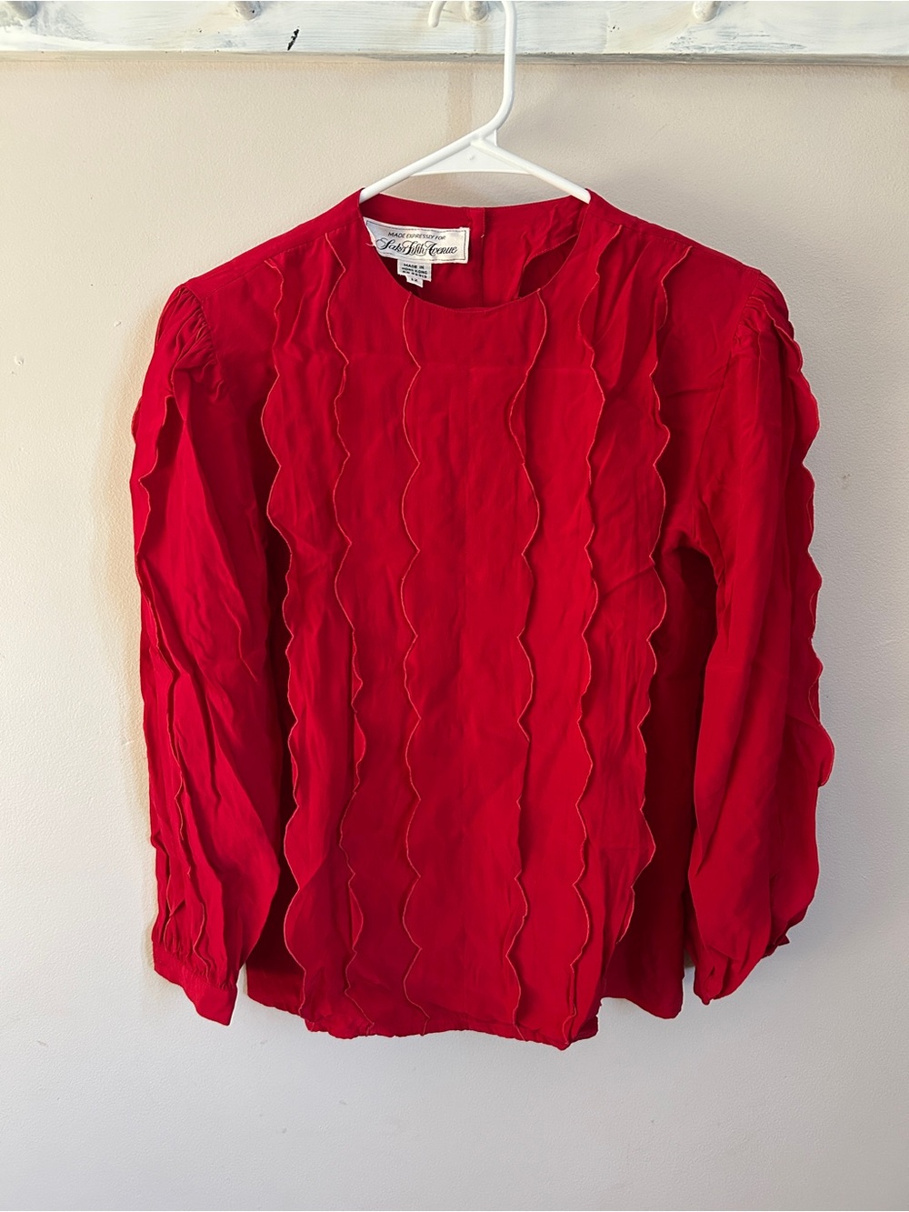 Vintage Saks Fifth Ave Red Scalloped Stripe Long-Sleeve Silk Blouse